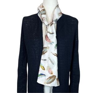 girly Bird Feather Print Silky Scarf Cream Pink Green Blue Brown NEW